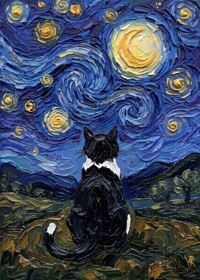 Tuxedo Cat Watching Starry Night Sky