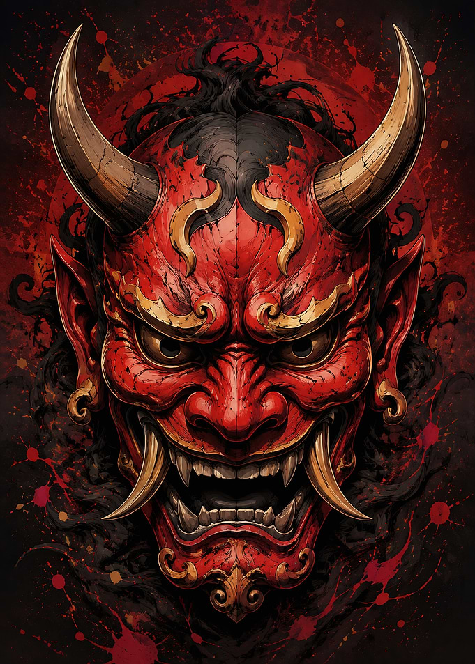 Intense Red Oni Demon Mask