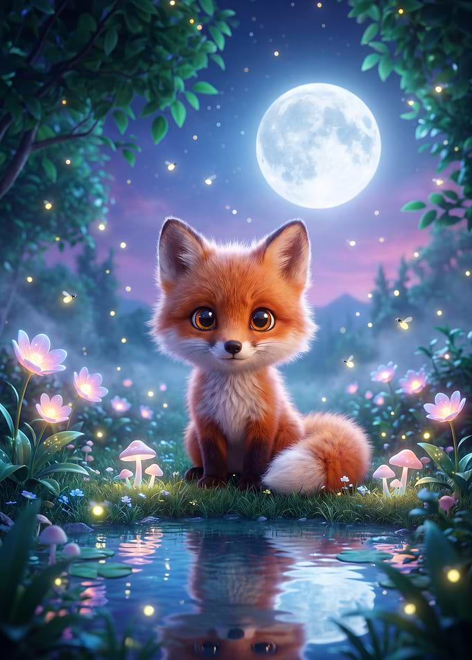 Cute Baby Fox in Enchanted Forest