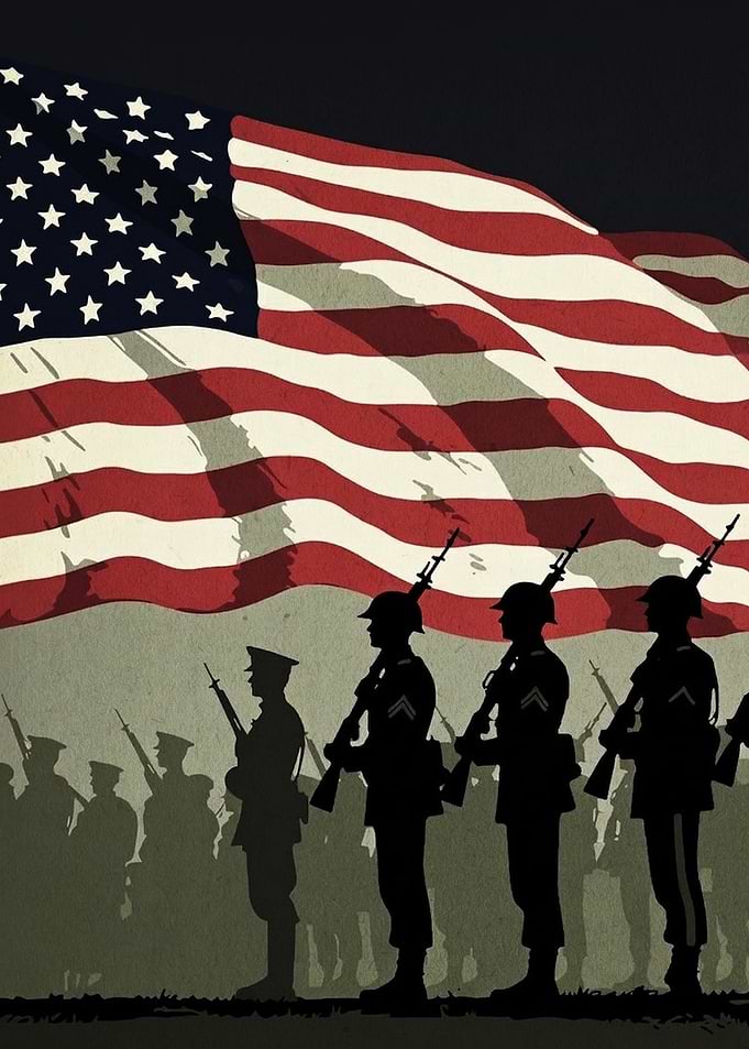 American Soldiers Silhouette with Flag