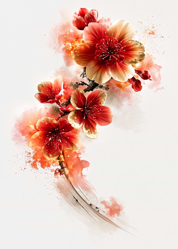 Watercolor Red and Gold Cherry Blossoms