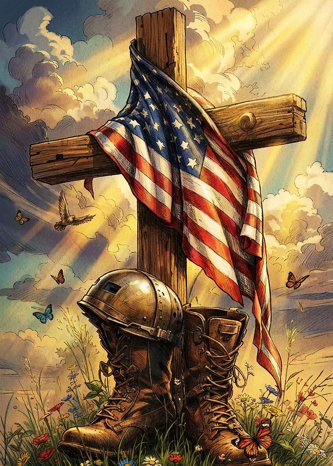 Fallen Soldier Memorial Cross and Flag