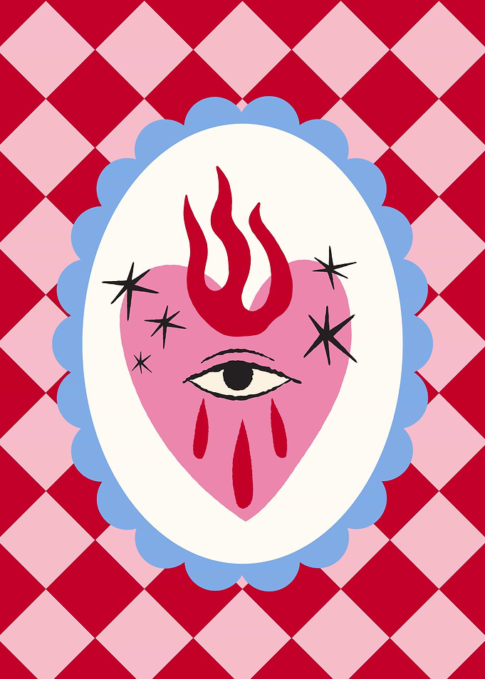 Pink Heart with Eye and Flame