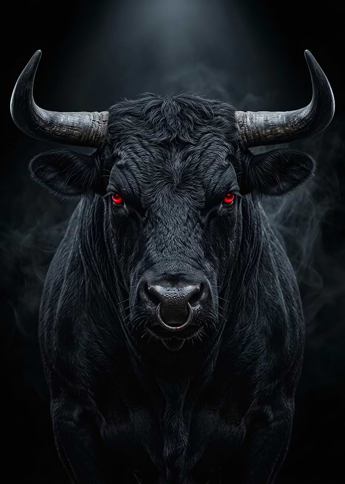 Fierce Black Bull with Red Eyes