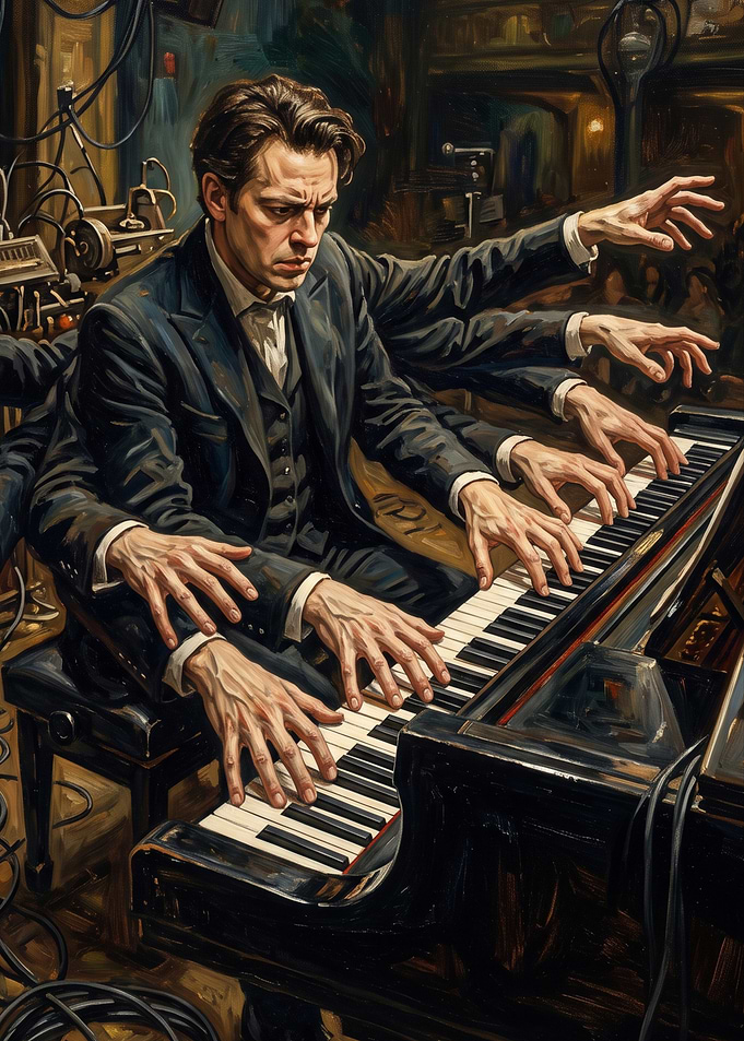 Multi-Armed Pianist Performing Intense Solo