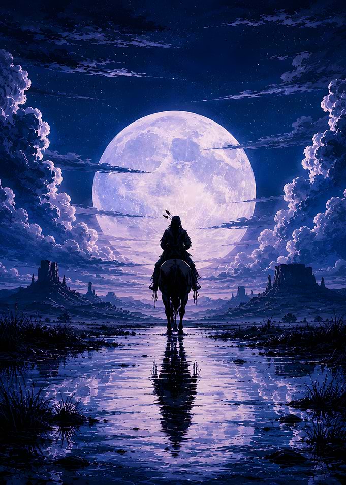Native American Rider Under Full Moon