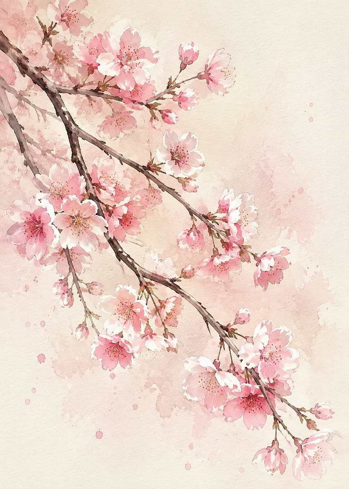 Delicate Watercolor Cherry Blossom Branch