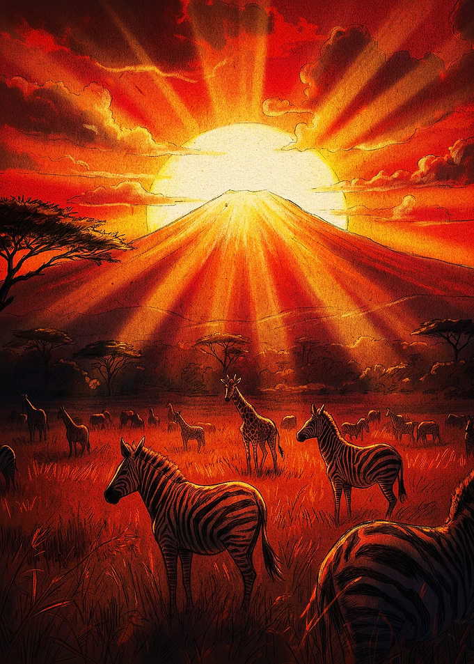 African Savanna Sunset with Wildlife