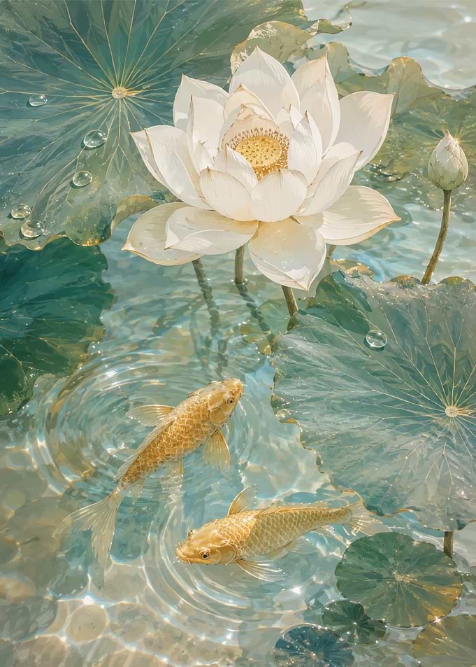 Golden Koi Fish and White Lotus