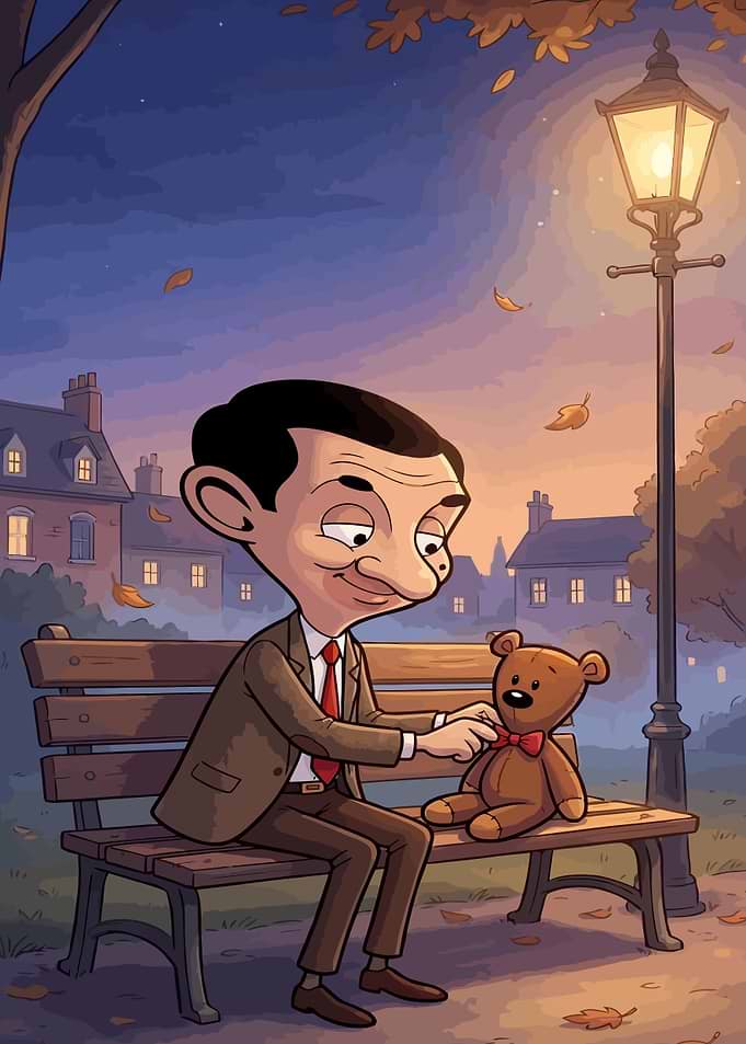 Mr. Bean and Teddy on Bench
