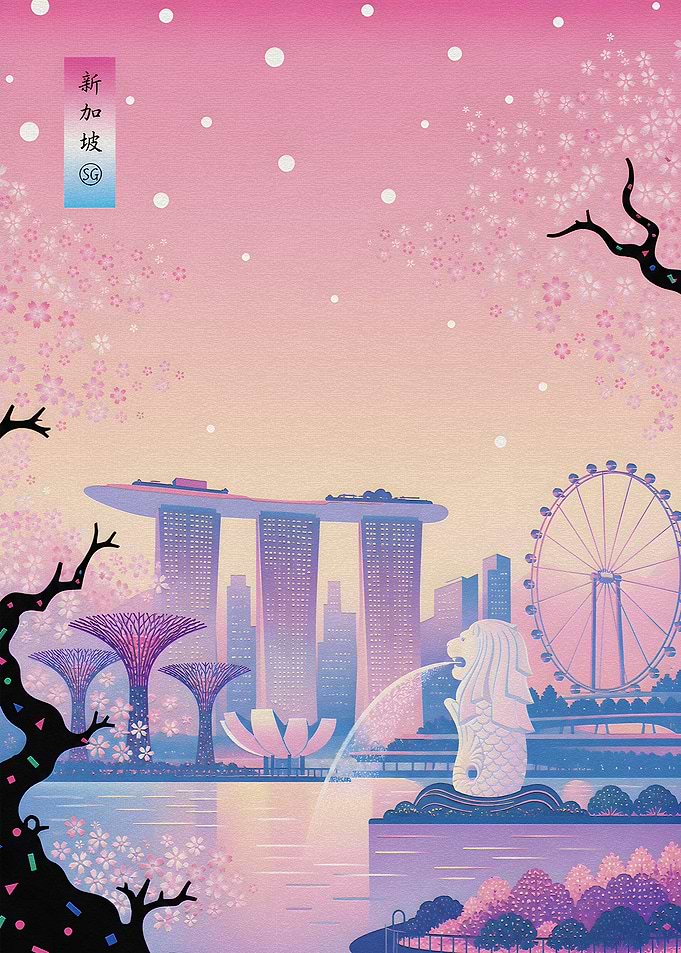 Singapore Skyline Cherry Blossom Art