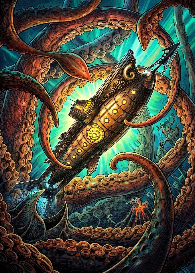 Steampunk Submarine Fighting Giant Kraken
