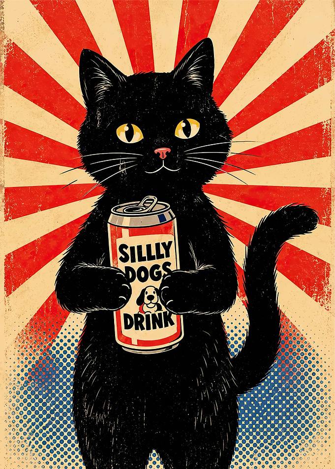 Black Cat Holding Silly Dogs Drink