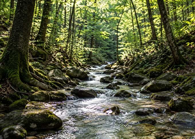 Sunlit Forest Stream with Mossy Rocks