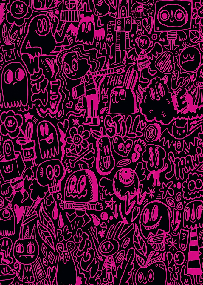 Vibrant Pink and Black Doodle Pattern