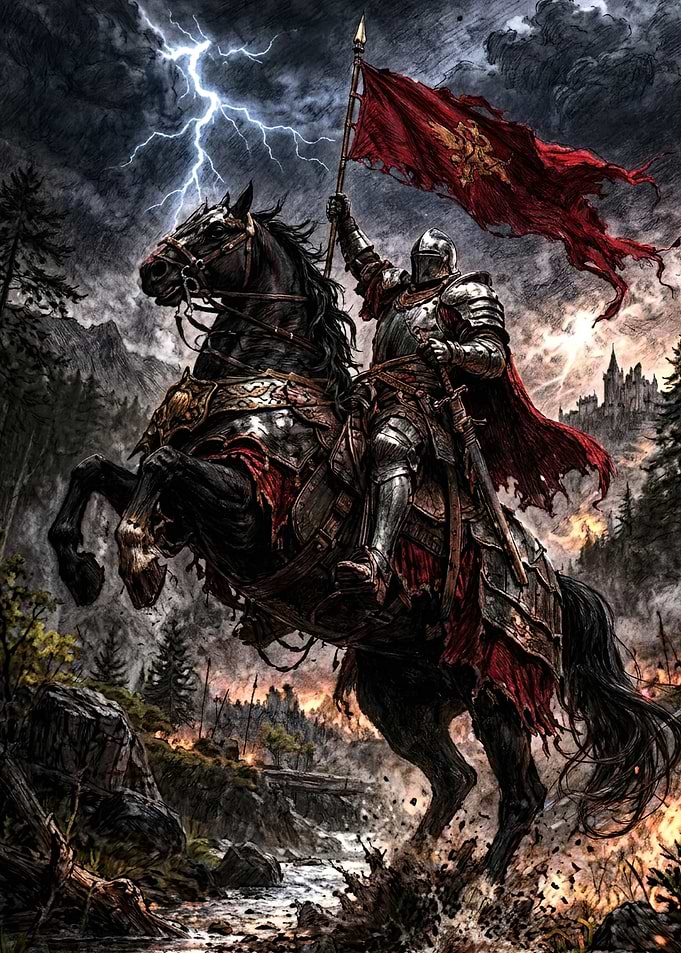 Knight on Rearing Horse with Flag