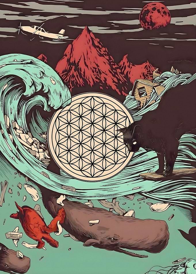 Surreal Ocean Cat and Whale Illustration