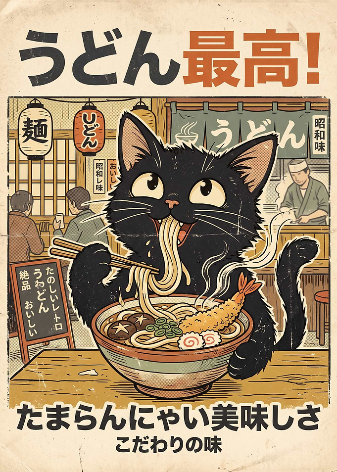 Retro Japanese Udon Cat Poster