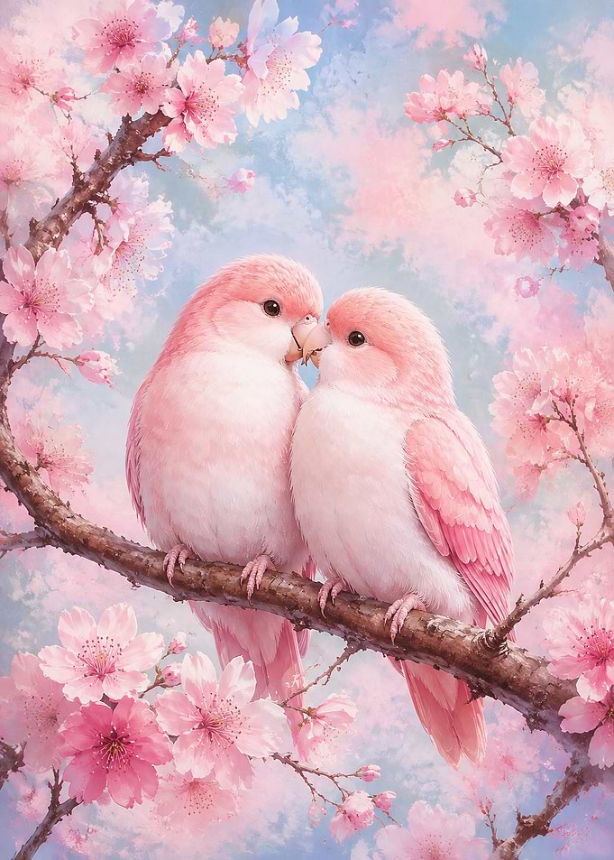 Two Pink Lovebirds in Cherry Blossoms