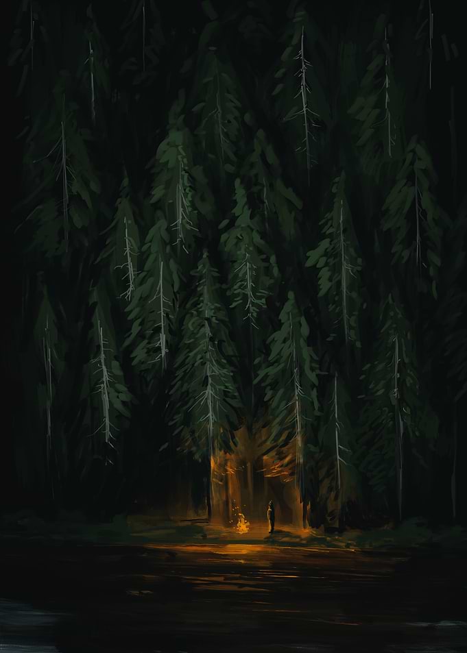 Lone Figure by Forest Campfire