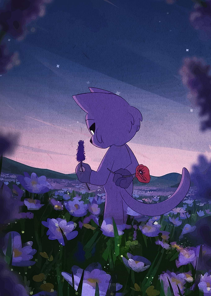 Purple Cat in Flower Field