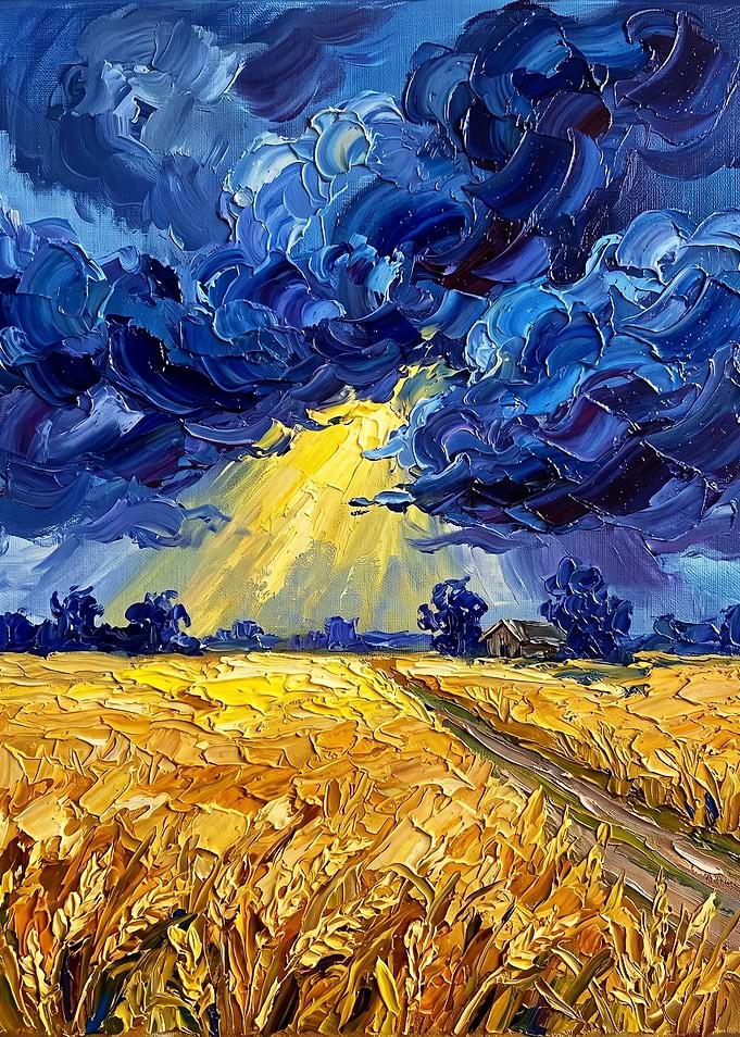 Impasto Wheat Field Under Stormy Sky
