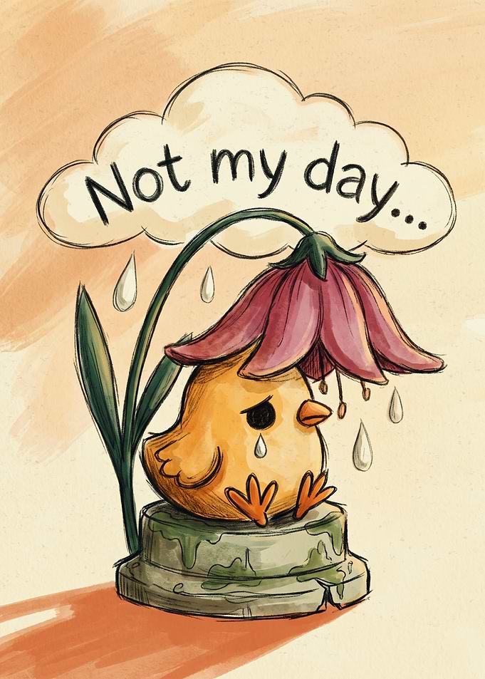 Sad Little Chick Under Flower