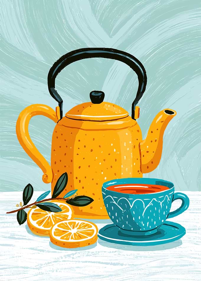 Yellow Teapot and Blue Tea Cup