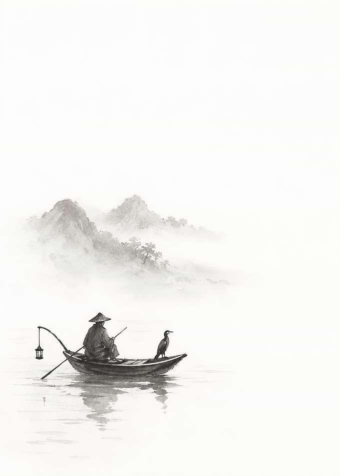 Japanese Ink Painting Cormorant Fisherman in Mist