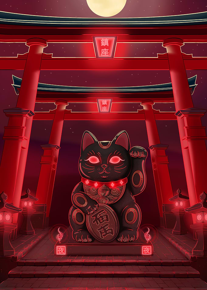 Neon Maneki-Neko Under Torii Gate