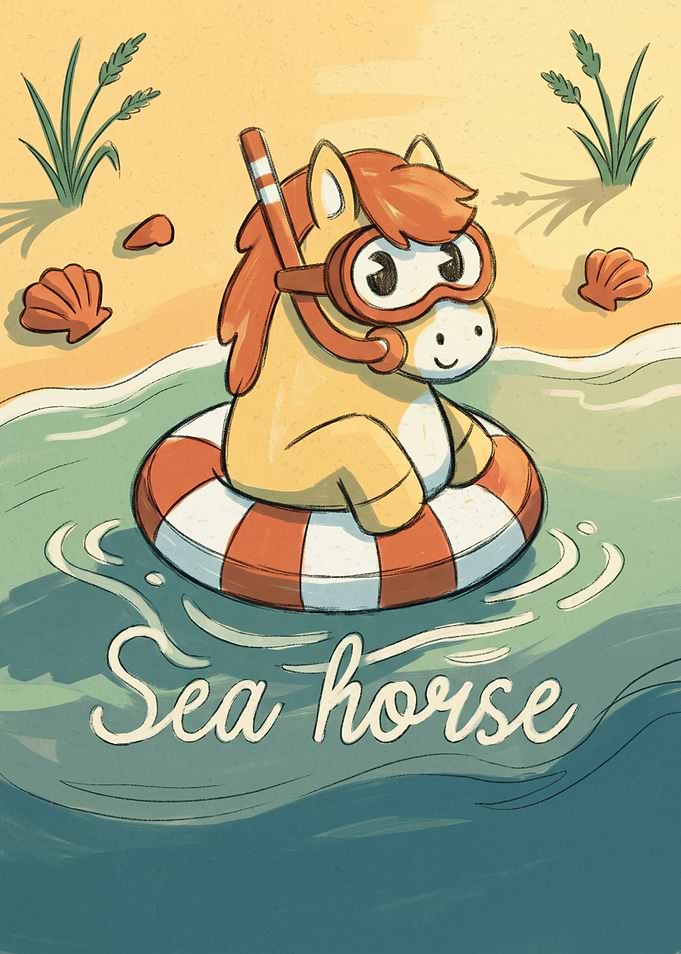 Cute Cartoon Sea Horse Illustration