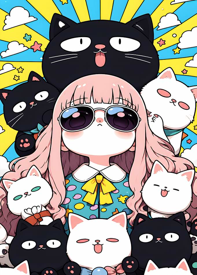 Girl Surrounded by Cute Cats