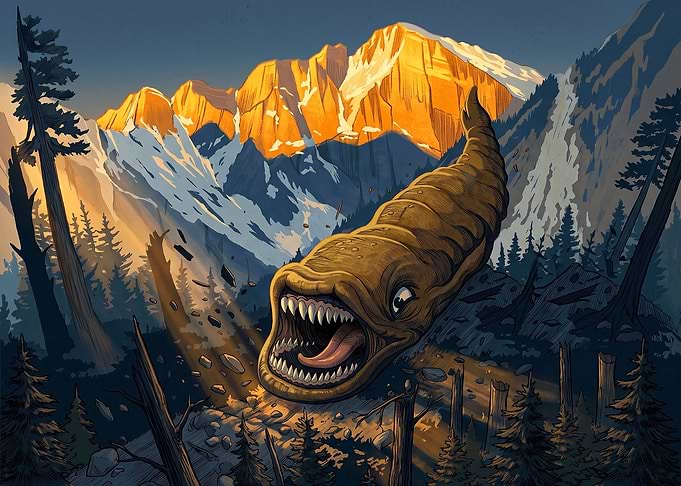 Giant Burrowing Monster in Mountain Landscape