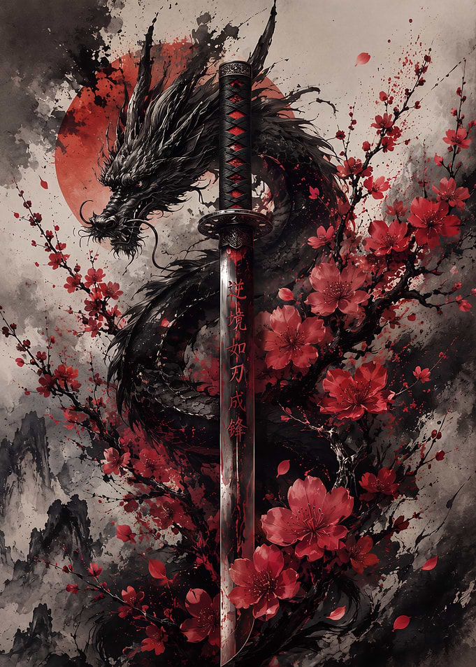 Katana Sword with Dragon and Blossoms