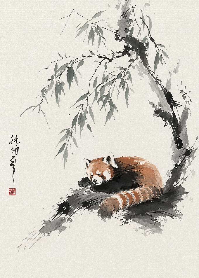 Red Panda Resting on Tree Branch