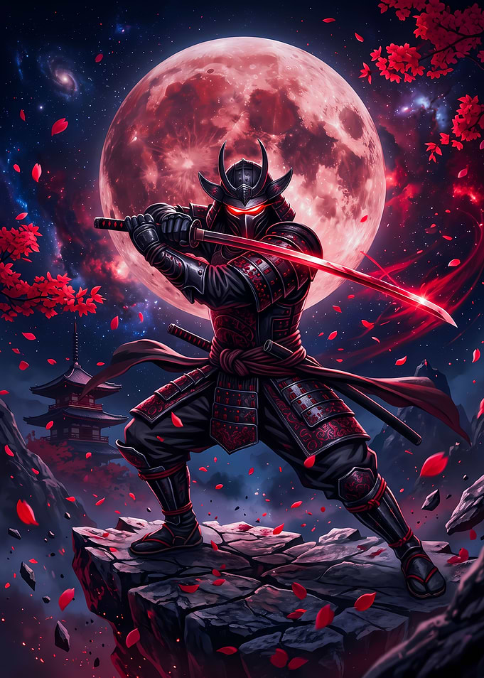 Samurai Warrior Under Red Moon