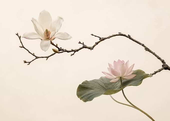 Minimalist Magnolia and Lotus Floral Art