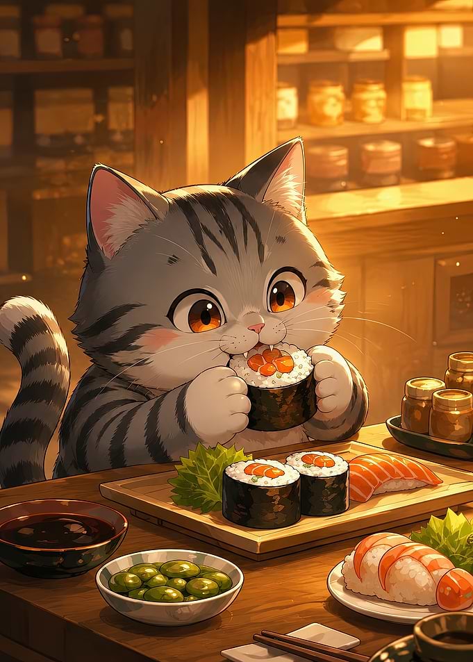 Cute Tabby Cat Eating Sushi