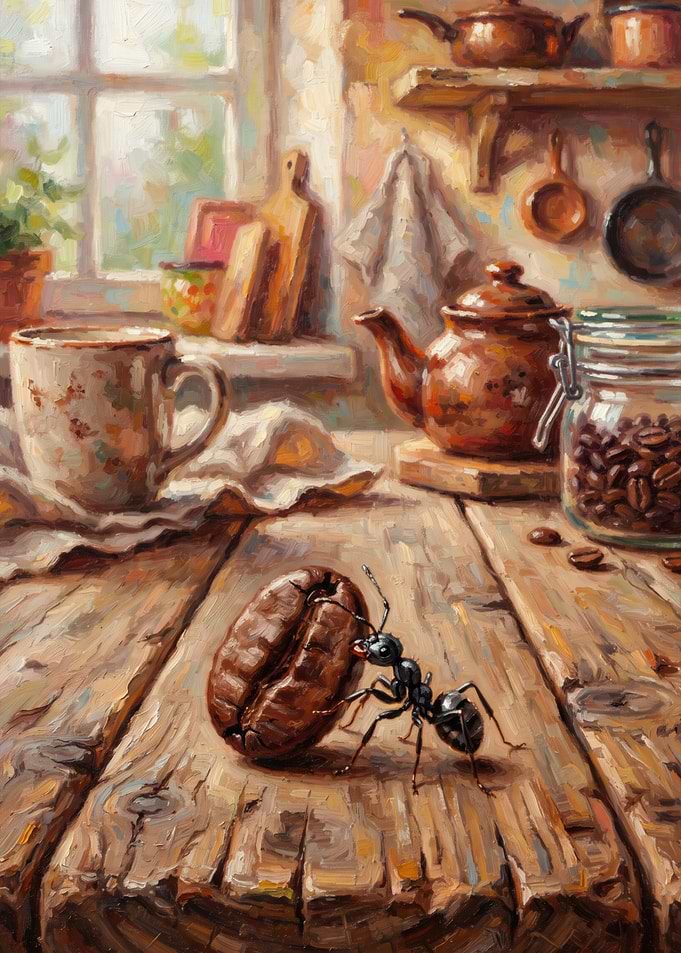 Ant Carrying Coffee Bean in Kitchen