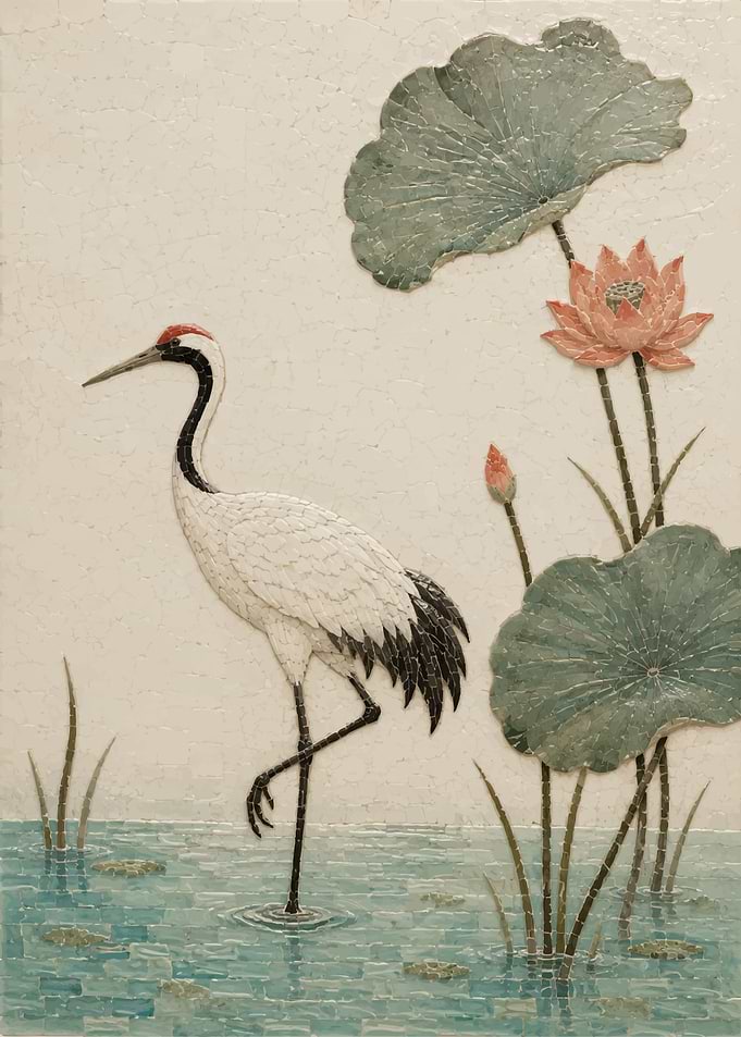 Mosaic Crane and Lotus Pond Art