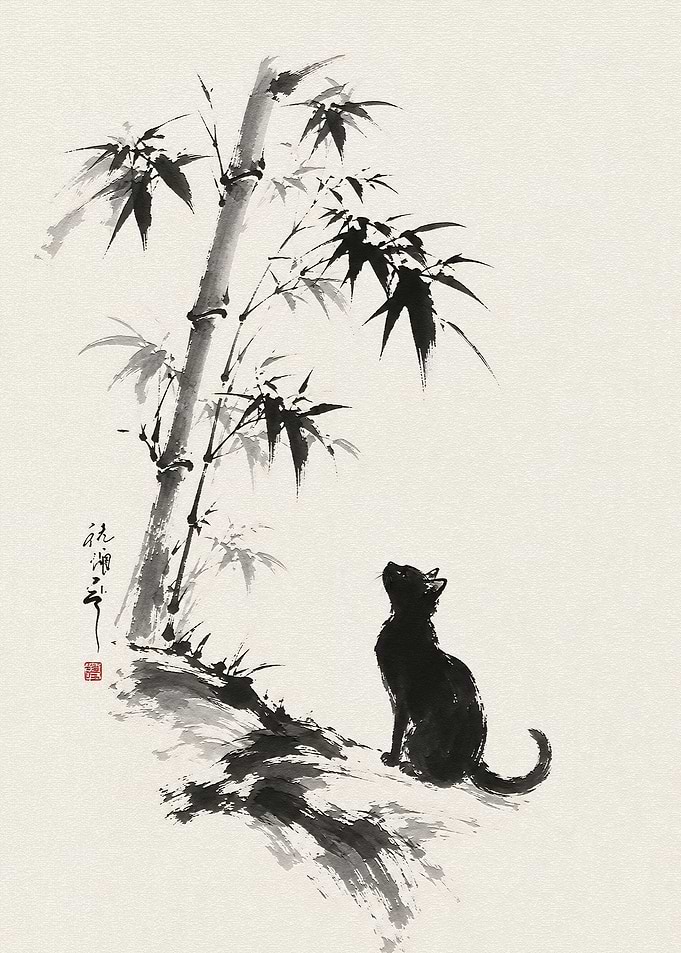 Black Cat Under Bamboo Ink Painting