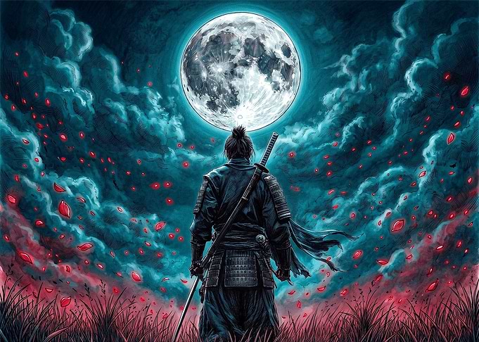 Samurai Standing Under Full Moon