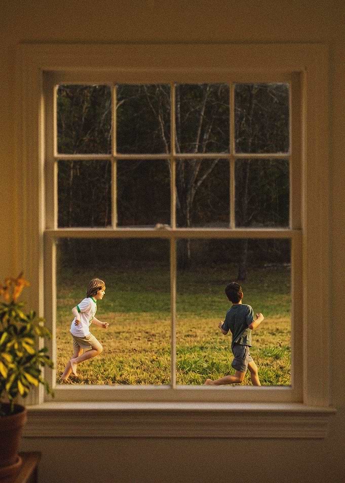 Two boys running in a field
