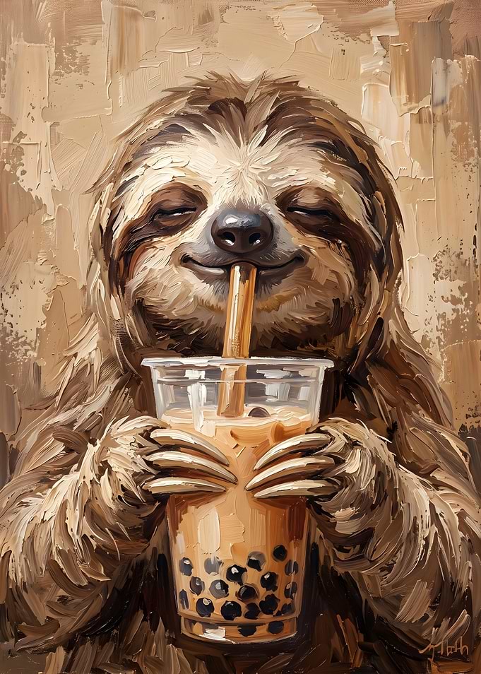 Sloth Enjoying Bubble Tea Painting
