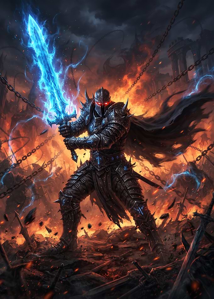 Dark Knight with Blue Flame Sword
