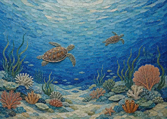 Sea Turtle Mosaic Underwater Scene