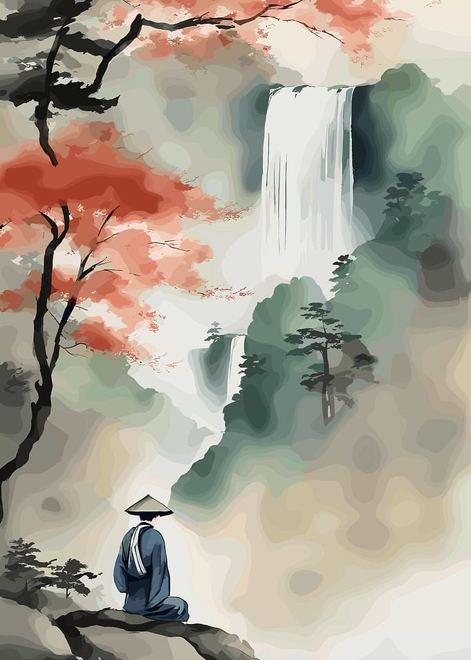 Zen Monk Meditating by Waterfall