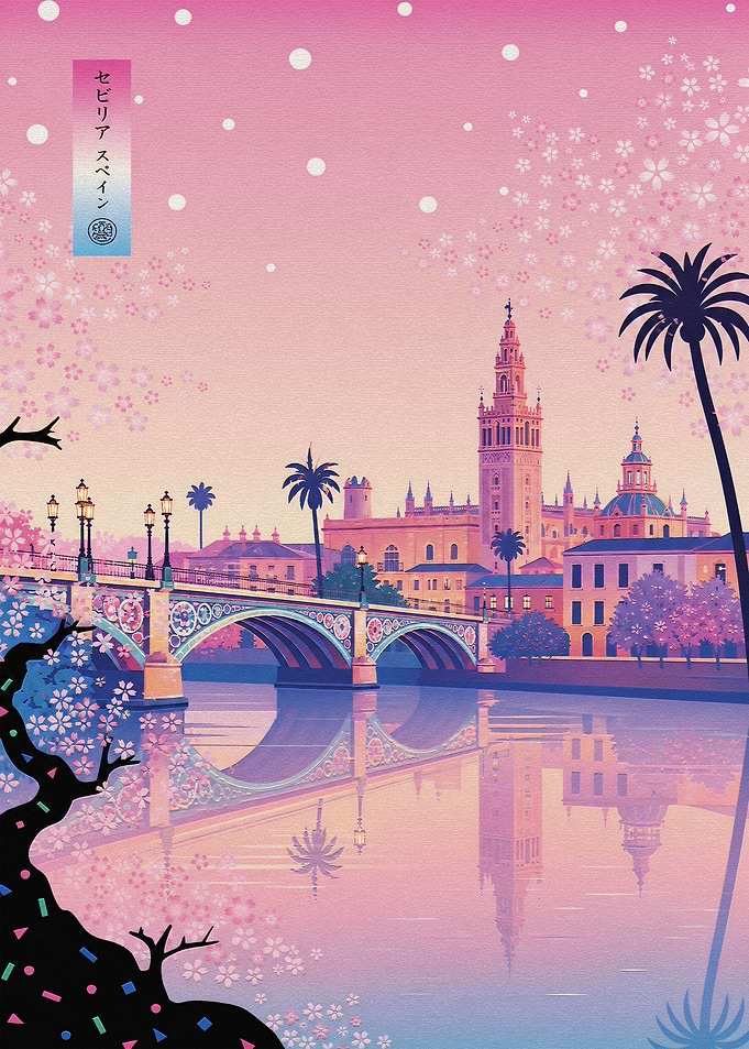 Seville Spain Cherry Blossom Illustration