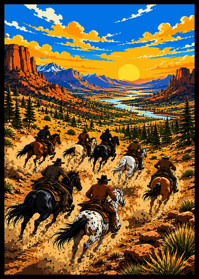 Cowboys Riding Through Western Landscape