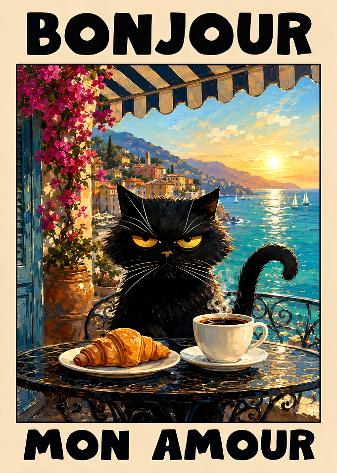 Grumpy Black Cat Bonjour Mon Amour